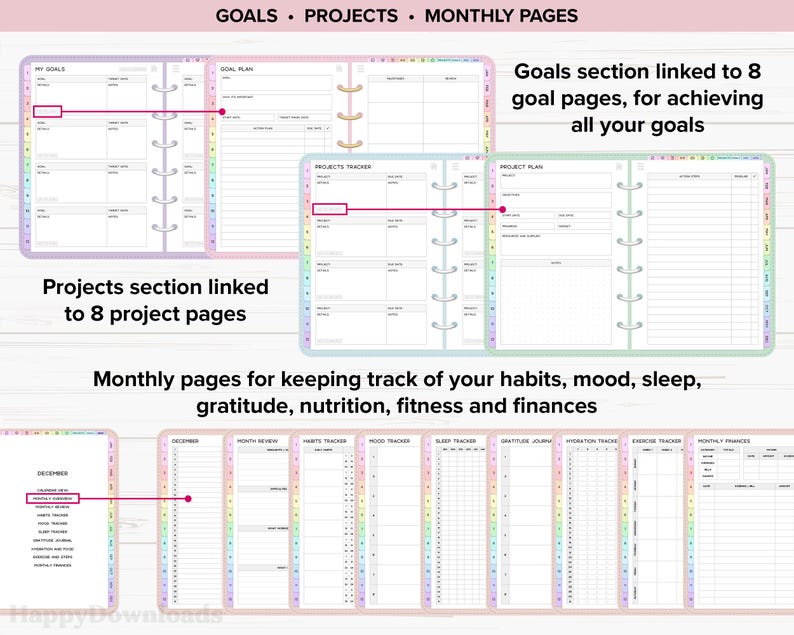 May include: A planner with a rainbow design. The planner has sections for goals, projects, and monthly pages. The monthly pages include sections for tracking habits, mood, sleep, gratitude, nutrition, fitness, and finances.