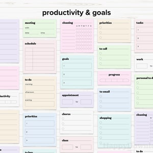 May include: A set of 16 colorful sticky notes with different headings and sections for planning and organizing tasks, goals, and appointments. The headings include "to do", "meeting", "cleaning", "priorities", "tasks", "schedule", "goals", "progress", "to call", "work", "personal to do", "to email", "appointment", "errands", "chores", "shopping", "class", "work to do", "to buy", and "cleaning".