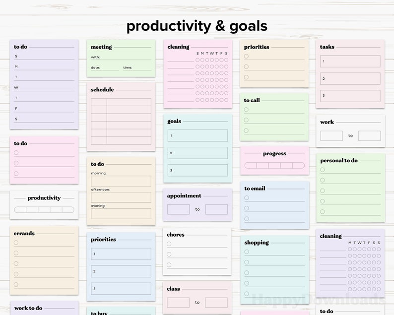 May include: A set of 16 colorful sticky notes with different headings and sections for planning and organizing tasks, goals, and appointments. The headings include "to do", "meeting", "cleaning", "priorities", "tasks", "schedule", "goals", "progress", "to call", "work", "personal to do", "to email", "appointment", "errands", "chores", "shopping", "class", "work to do", "to buy", and "cleaning".
