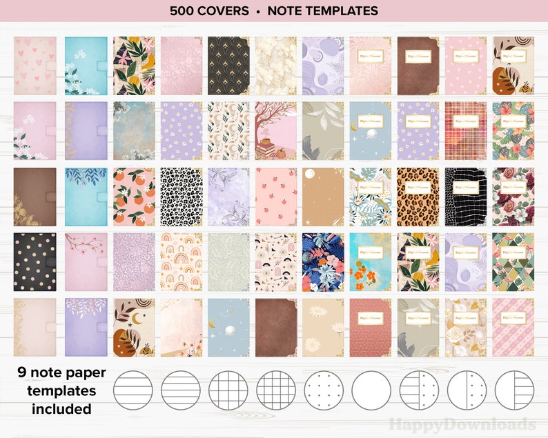 May include: A collection of 500 printable digital planner covers and 9 note paper templates. The covers feature a variety of patterns and designs, including floral, geometric, and abstract. The note paper templates include lined, grid, and dotted options.