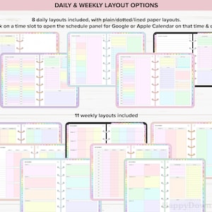May include: A digital planner with 8 daily and 11 weekly layouts. The layouts are in pastel colors and include plain, dotted, and lined paper options. The planner is designed to be used with Google or Apple Calendar.