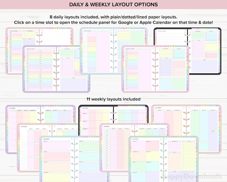 May include: A digital planner with 8 daily and 11 weekly layouts. The layouts are in pastel colors and include plain, dotted, and lined paper options. The planner is designed to be used with Google or Apple Calendar.