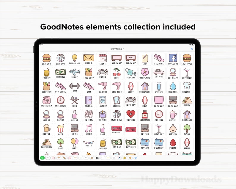 May include: A digital planner app screen with a grid of colorful icons representing various daily activities. The icons are labeled with words like "Eat Out", "Wake Up", "Exercise", "Hydrate", "Lazy Day", "Meeting", "Movie", "Party", and "Pay Day". The app is called "Everyday 2.07".