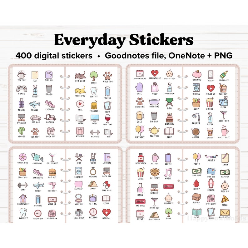May include: A set of 400 digital stickers for Goodnotes, OneNote, and PNG files. The stickers are organized into categories such as "Everyday", "Appointments", "Food", "Hobbies", and "Work". Each sticker is a colorful illustration of a common activity or object.