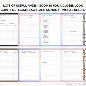 May include: A set of printable planner pages with colorful borders. The pages include sections for goal planning, action plans, obstacles assessment, organized to do lists, and goal progress tracking.