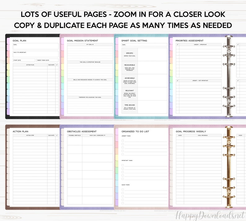 May include: A set of printable planner pages with colorful borders. The pages include sections for goal planning, action plans, obstacles assessment, organized to do lists, and goal progress tracking.
