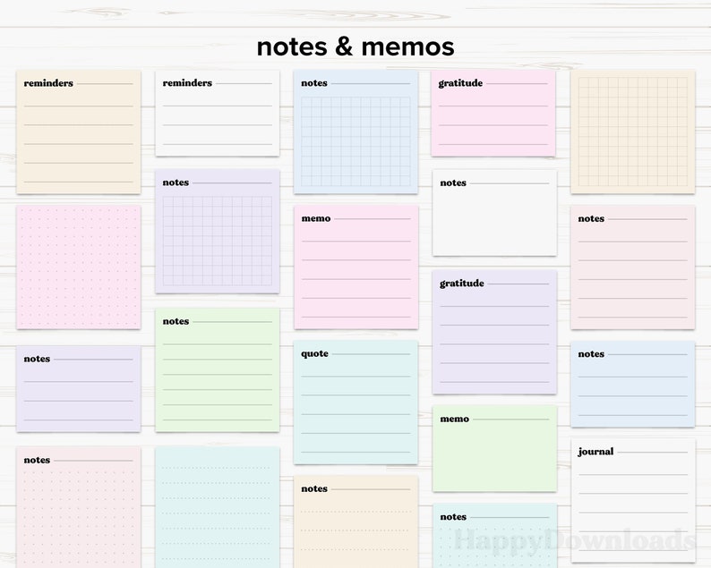 May include: A set of 16 printable note cards with various designs and labels, including "notes", "reminders", "memo", "gratitude", "quote", and "journal". The cards are in pastel colors with different patterns, such as polka dots, grid, and lines.