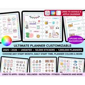 May include: A digital planner with customizable features, including 50,000 stickers and 1,000,000 planner options. The planner is undated and can be used for 2025 or 2026. The image shows a sample planner page with a calendar, to-do list, and notes section. The planner also includes links to Google and Apple calendars.