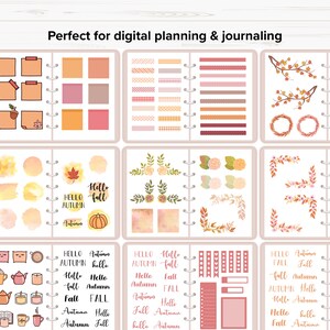 Pode incluir: Adesivos digitais para planejador com temas de outono. Os adesivos incluem folhas de outono, ab&oacute;boras, coroas e texto que diz "Hello Autumn", "Hello Fall" e "Autumn".