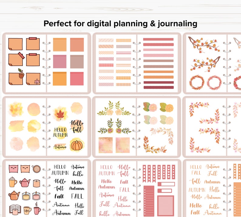 Pode incluir: Adesivos digitais para planejador com temas de outono. Os adesivos incluem folhas de outono, ab&oacute;boras, coroas e texto que diz "Hello Autumn", "Hello Fall" e "Autumn".