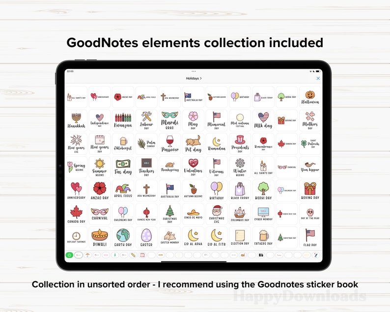 Peut inclure: L'&eacute;cran d'une tablette num&eacute;rique affiche une collection d'autocollants de vacances GoodNotes. Les autocollants sont organis&eacute;s en grille et pr&eacute;sentent divers th&egrave;mes de vacances, notamment No&euml;l, Halloween, Thanksgiving, etc.