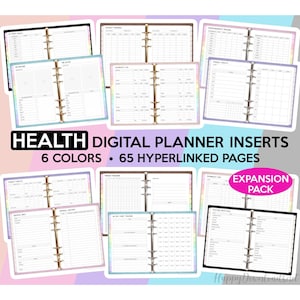 Op de afbeelding: Digitale planner-inlays voor het bijhouden van gezondheid en welzijn. Zes verschillende kleuropties met 65 hyperlinks. De pagina's bevatten secties voor het bijhouden van gewicht, trainingslogboeken, wekelijkse gezondheid, medische geschiedenis en meer. Uitbreidingspakket.