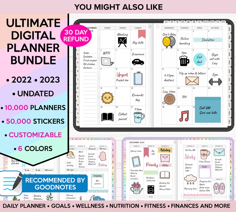 Puede incluir: Un paquete de planificadores digitales con un esquema de color rosa, azul y verde. El paquete incluye 10.000 planificadores, 50.000 pegatinas y es personalizable con 6 colores. El texto "Ultimate Digital Planner Bundle" est&aacute; en la parte superior de la imagen. El texto "2022 - 2023" y "Sin fecha" tambi&eacute;n est&aacute; incluido. El texto "Recomendado por Goodnotes" est&aacute; en la parte inferior de la imagen.