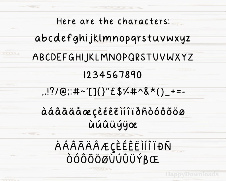May include: A font chart showing the lowercase and uppercase alphabet, numbers 0-9, punctuation marks, and accented characters. The font is handwritten and has a casual, playful style.