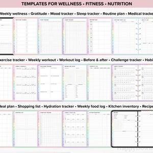 May include: A set of printable planner pages for wellness, fitness, and nutrition. The pages are organized into three sections: weekly wellness, exercise tracker, and meal plan. Each section includes a variety of trackers and logs, such as a gratitude journal, mood tracker, sleep tracker, workout log, and meal plan.