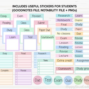 May include: A set of colorful digital stickers for students. The stickers include words like "Essay", "Exam", "Revision", "Reading", "Class", "Submit", "Study", "Learn", "Test", "Coursework", "Research", "Homework", "Final", "No classes", "Lesson", "Review", "Reading", "Lecture", "Revise", "Read", "Tasks", "Extra credit", "Assignment", "Coursework", "Study group", "Complete", "Due", "Test", "Exam", "Quiz", "Study", "Revise".