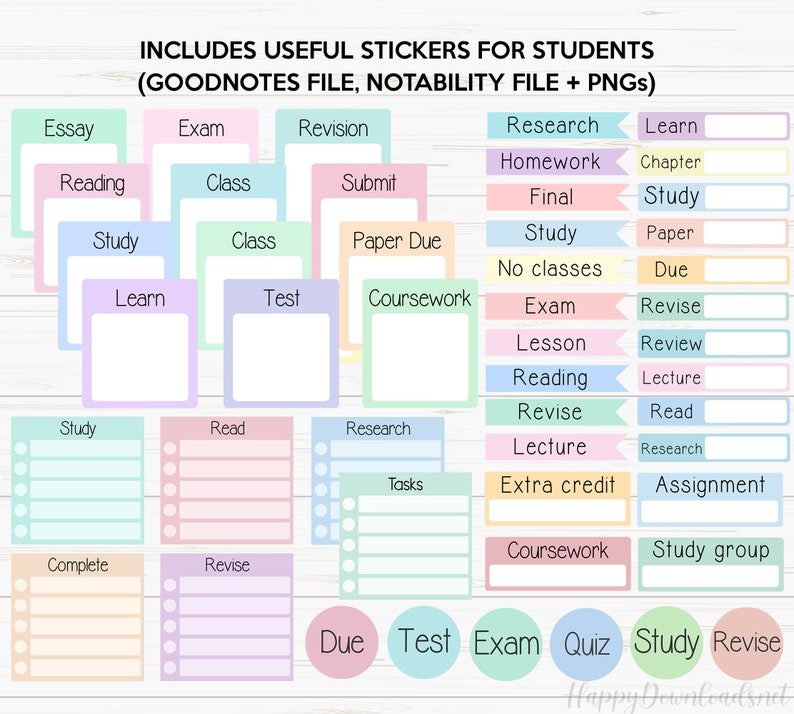 May include: A set of colorful digital stickers for students. The stickers include words like "Essay", "Exam", "Revision", "Reading", "Class", "Submit", "Study", "Learn", "Test", "Coursework", "Research", "Homework", "Final", "No classes", "Lesson", "Review", "Reading", "Lecture", "Revise", "Read", "Tasks", "Extra credit", "Assignment", "Coursework", "Study group", "Complete", "Due", "Test", "Exam", "Quiz", "Study", "Revise".