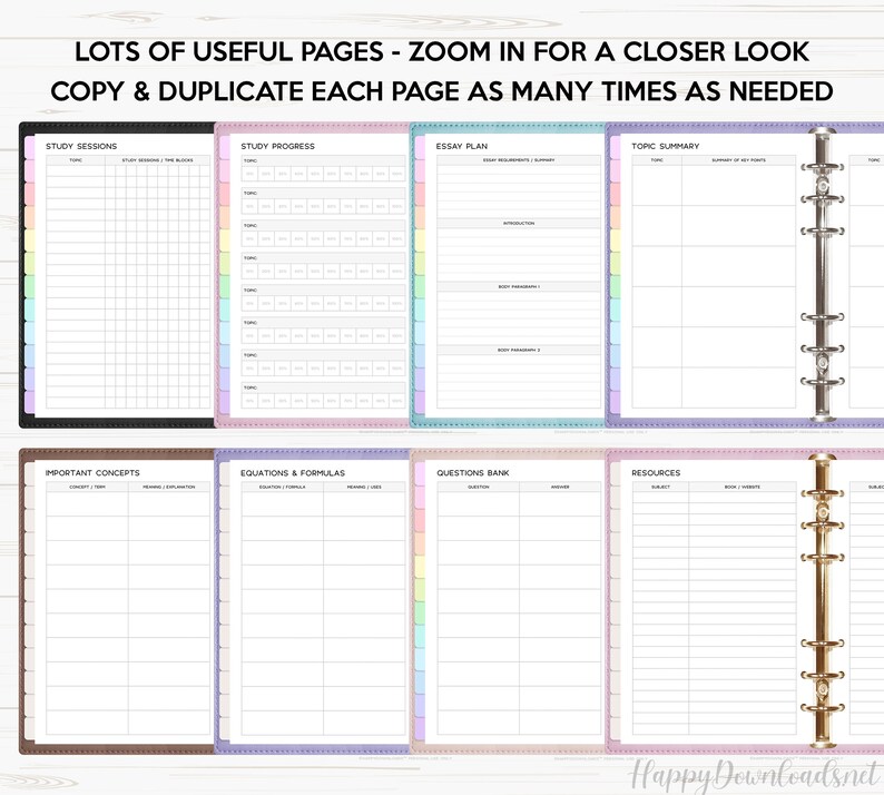 May include: A printable set of planner pages with colorful borders. The pages include sections for study sessions, study progress, essay plans, topic summaries, important concepts, equations and formulas, questions bank, and resources.