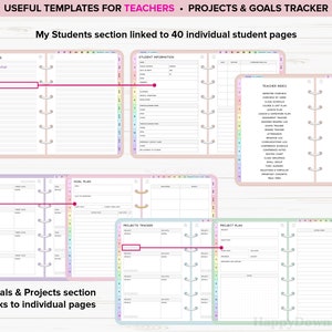 May include: A planner with templates for teachers, including student information, goals, and project trackers. The planner has a colorful design with text that reads "Useful Templates for Teachers" and "Projects & Goals Tracker."