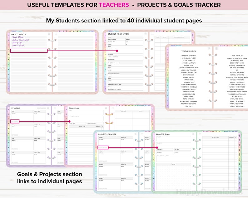 May include: A planner with templates for teachers, including student information, goals, and project trackers. The planner has a colorful design with text that reads "Useful Templates for Teachers" and "Projects & Goals Tracker."
