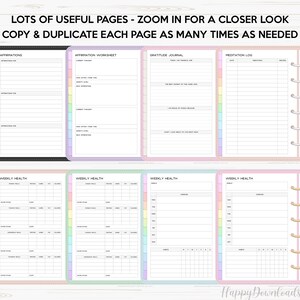 May include: A set of printable planner pages with pastel colors and a rainbow color scheme. The pages include sections for affirmations, gratitude journaling, meditation logs, and weekly health tracking.