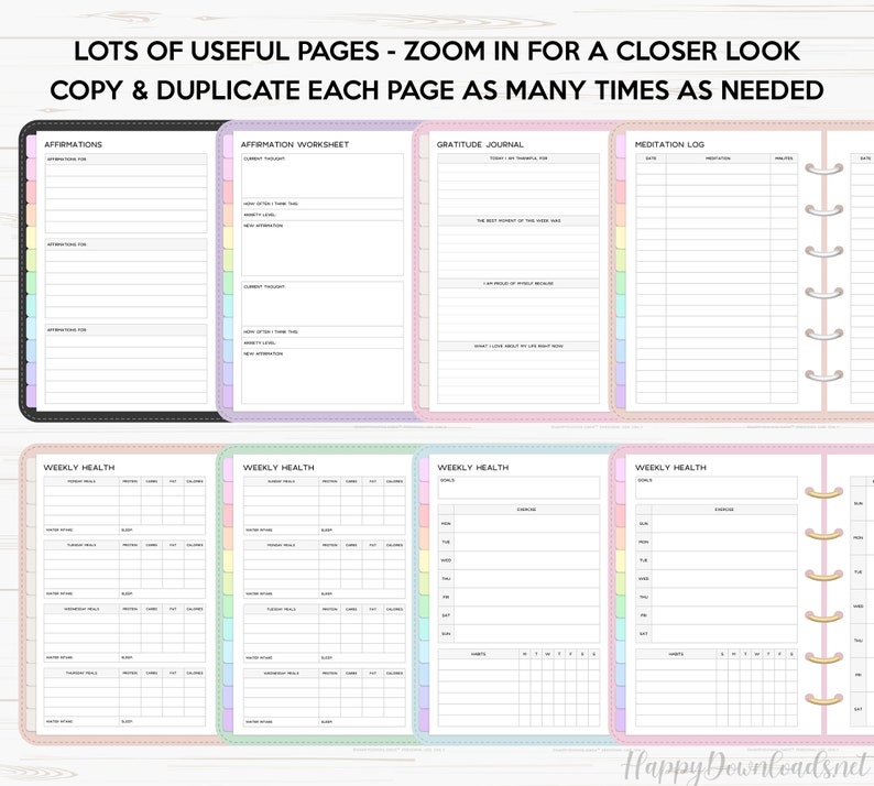 May include: A set of printable planner pages with pastel colors and a rainbow color scheme. The pages include sections for affirmations, gratitude journaling, meditation logs, and weekly health tracking.