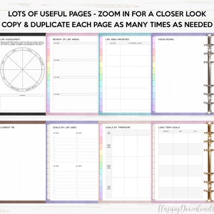 May include: A set of printable planner pages with a rainbow color scheme. The pages include sections for life assessment, review of life areas, life area priorities, vision board, current me, goals by life area, goals by timeframe, and long term goals.