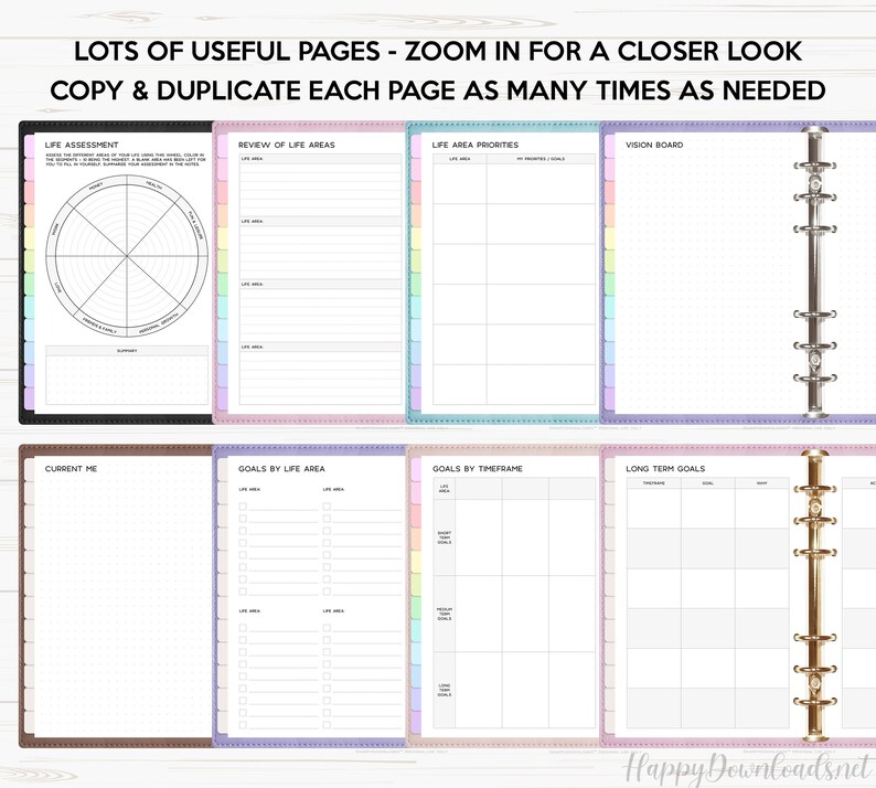 May include: A set of printable planner pages with a rainbow color scheme. The pages include sections for life assessment, review of life areas, life area priorities, vision board, current me, goals by life area, goals by timeframe, and long term goals.