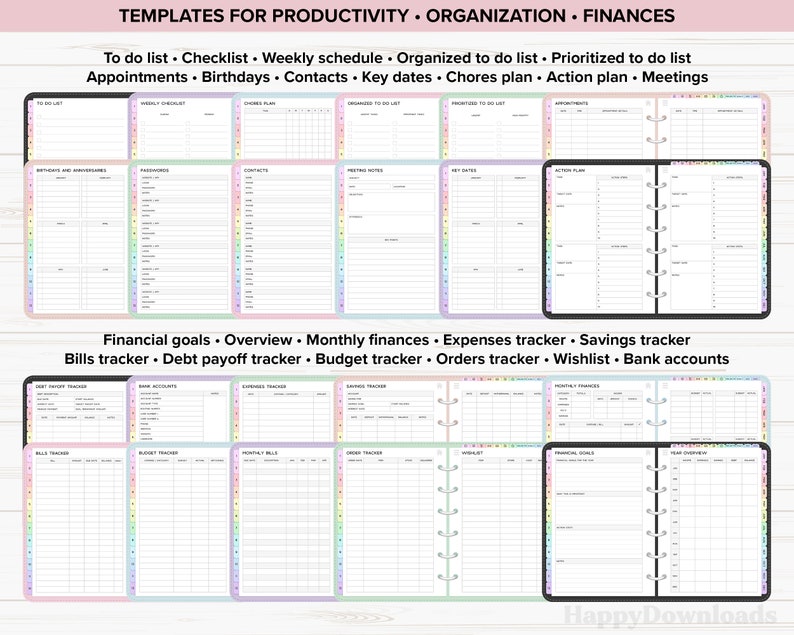 May include: Digital planner templates for productivity, organization, and finances. Includes to-do lists, checklists, weekly schedules, and financial trackers. The templates have a colorful border and are designed for digital use.