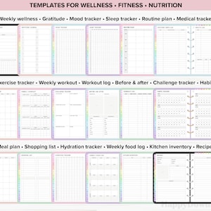 May include: Digital templates for wellness, fitness, and nutrition, including trackers for weekly wellness, exercise, and meal planning. The templates are displayed on a digital planner with colorful tabs and the text "TEMPLATES FOR WELLNESS FITNESS NUTRITION".