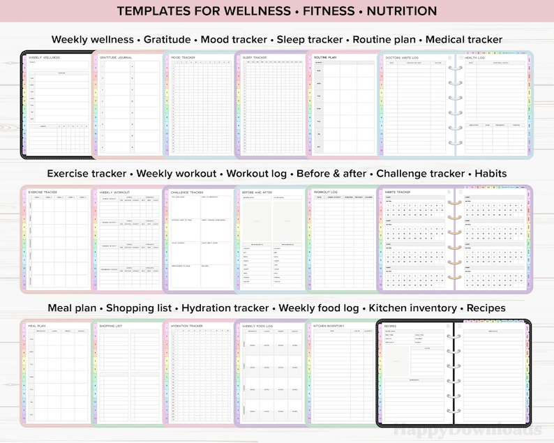 May include: Digital templates for wellness, fitness, and nutrition, including trackers for weekly wellness, exercise, and meal planning. The templates are displayed on a digital planner with colorful tabs and the text "TEMPLATES FOR WELLNESS FITNESS NUTRITION".