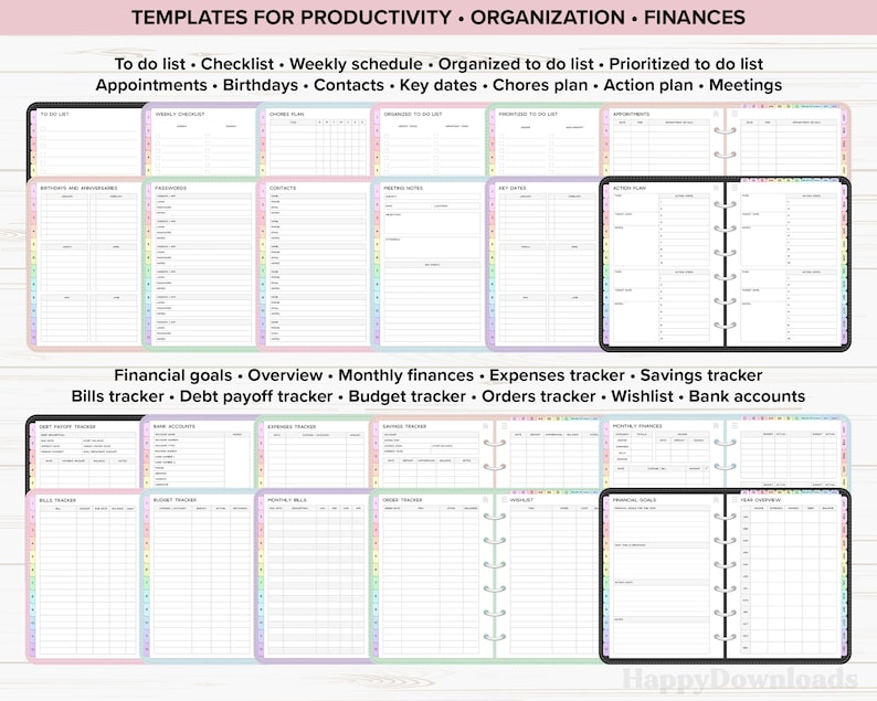 May include: A set of printable planner pages with rainbow colored borders. The pages are designed for productivity, organization, and finances. The pages include sections for to-do lists, checklists, weekly schedules, appointments, birthdays, contacts, key dates, chores plans, action plans, meetings, financial goals, overview, monthly finances, expenses tracker, savings tracker, bills tracker, debt payoff tracker, budget tracker, orders tracker, wishlist, and bank accounts.