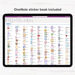 May include: A digital tablet screen displaying a grid of colorful icons representing various activities and events. The icons are outlined in black and filled with pastel colors. The text "OneNote sticker book included" is displayed at the top of the screen.