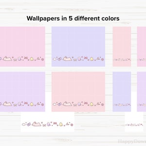 May include: Set of five digital wallpapers featuring a cute bunny, clouds, stars, and other whimsical elements. The wallpapers are in different shades of pink and purple.