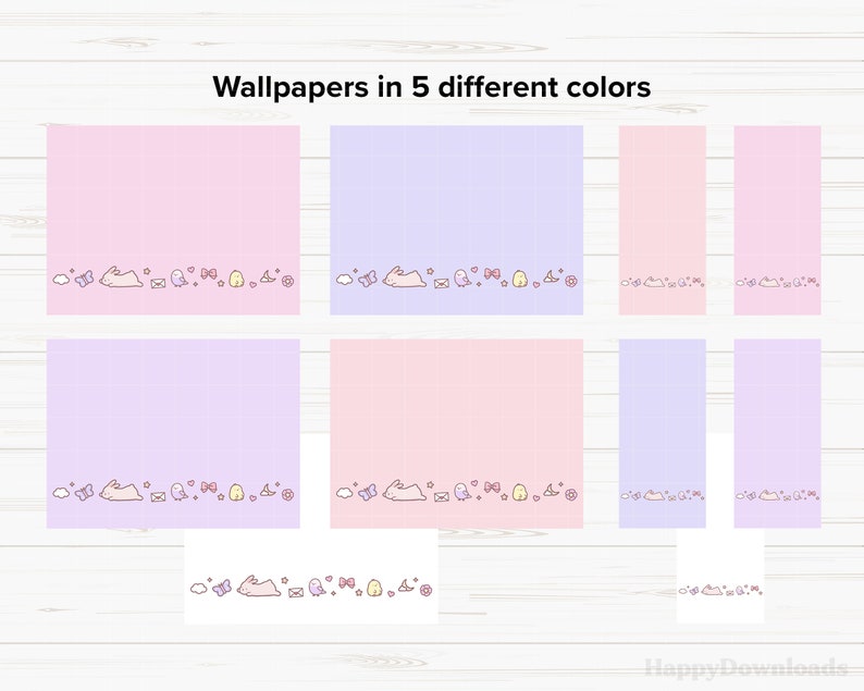 May include: Set of five digital wallpapers featuring a cute bunny, clouds, stars, and other whimsical elements. The wallpapers are in different shades of pink and purple.