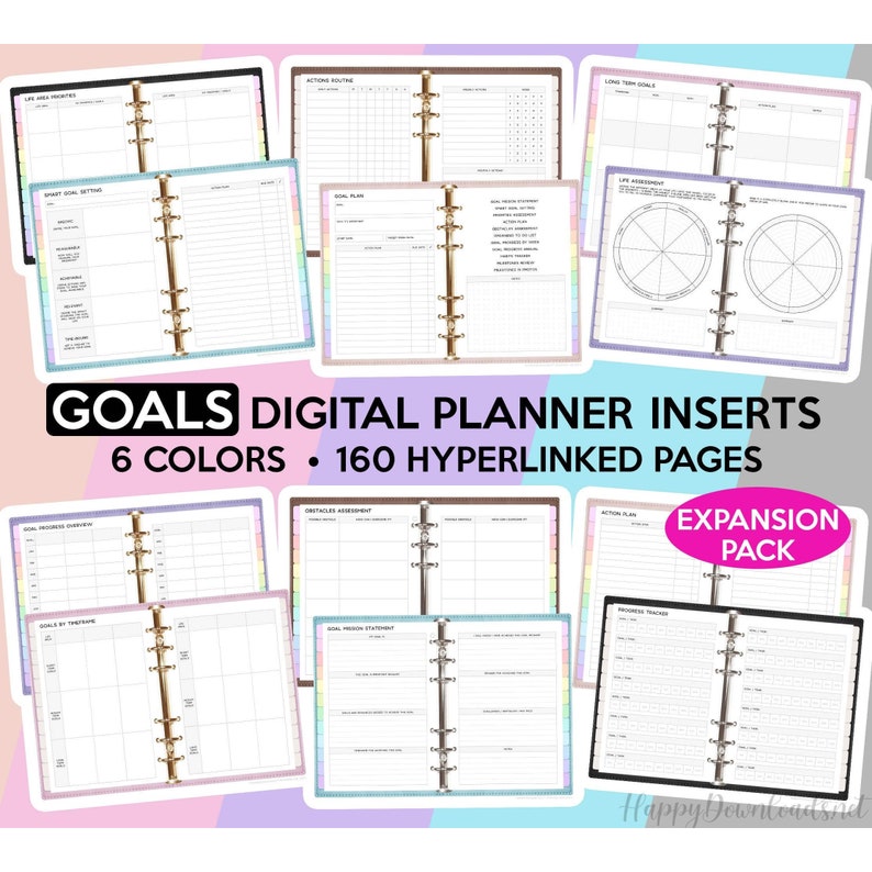 May include: A set of digital planner inserts for goal setting. The inserts are in six different colors and feature a variety of pages, including goal setting worksheets, action plans, and progress trackers. The text "GOALS DIGITAL PLANNER INSERTS 6 COLORS &bull; 160 HYPERLINKED PAGES EXPANSION PACK" is visible on the image.