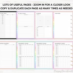 May include: Printable planner pages with pastel colors and a dotted design. The pages include sections for body goals, health goals, measurements, supplies, and a vision board.