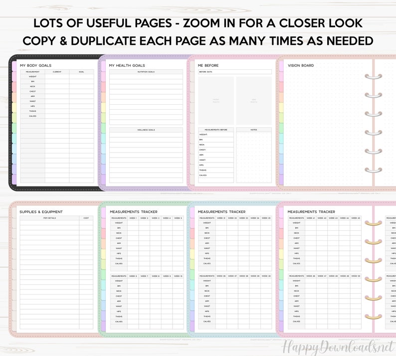 May include: Printable planner pages with pastel colors and a dotted design. The pages include sections for body goals, health goals, measurements, supplies, and a vision board.