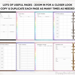 May include: A set of printable planner pages for students. The pages include sections for study goals, student progress, activities schedule, hourly schedule, assignments tracker, and assignments info. The pages are designed to be used in a binder with a ring system.