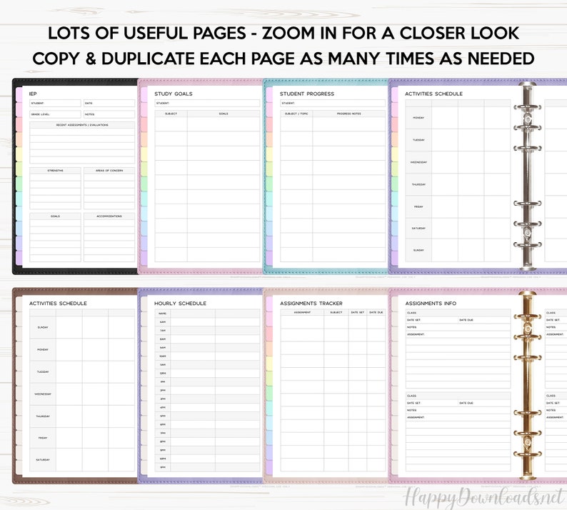 May include: A set of printable planner pages for students. The pages include sections for study goals, student progress, activities schedule, hourly schedule, assignments tracker, and assignments info. The pages are designed to be used in a binder with a ring system.