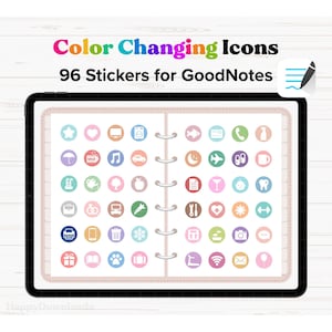 Könnte beinhalten: Ein digitales Tablet, auf dem 96 farbwechselnde Symbole für GoodNotes angezeigt werden. Die Symbole sind in einem Raster auf einem rosa Hintergrund angeordnet. Die Symbole umfassen eine Vielzahl von Formen und Symbolen, wie Sterne, Herzen und Tiere.