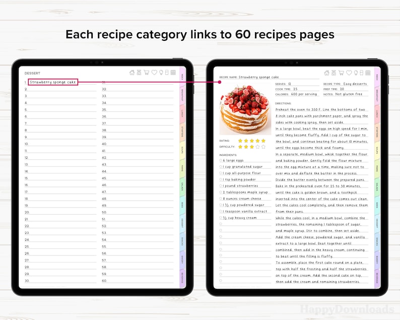 May include: A recipe page for a strawberry sponge cake. The page includes a photo of the cake, a list of ingredients, and instructions. The cake is a layered sponge cake with whipped cream and strawberries.