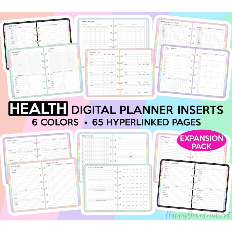 May include: Digital planner inserts for health and wellness tracking. The pages are designed with a rainbow color scheme and include sections for weekly health, weight tracker, workout log, medical history, and more. The text "HEALTH DIGITAL PLANNER INSERTS 6 COLORS &bull; 65 HYPERLINKED PAGES EXPANSION PACK" is visible on the image.
