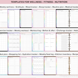 K&ouml;nnte beinhalten: Druckbare Planerseiten f&uuml;r Wellness, Fitness und Ern&auml;hrung. Die Seiten sind f&uuml;r einen Disc-gebundenen Planer konzipiert und haben ein Regenbogen-Farbschema. Die Seiten beinhalten Abschnitte f&uuml;r w&ouml;chentliches Wohlbefinden, Dankbarkeit, Stimmungs-Tracker, Schlaf-Tracker, Routineplan, medizinischen Tracker, Trainings-Tracker, w&ouml;chentliches Training, Trainings-Logbuch, Vorher und Nachher, Challenge-Tracker, Gewohnheiten, Speiseplan, Einkaufsliste, Hydrations-Tracker, w&ouml;chentliches Ern&auml;hrungsprotokoll, K&uuml;cheninventar und Rezepte.