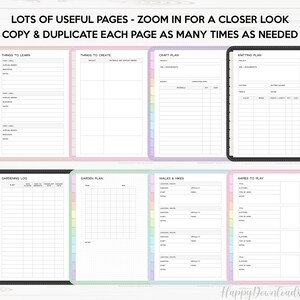 May include: A printable planner with pages for gardening, crafting, knitting, walking, and games. The pages are designed with a grid layout and include sections for notes, dates, and other details.