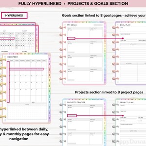 Pu&ograve; includere: Un'agenda digitale con rilegatura a spirale rosa e oro. L'agenda include pagine di calendario, sezioni di definizione degli obiettivi e pagine di pianificazione dei progetti. Il testo "FULLY HYPERLINKED" e "PROJECTS & GOALS SECTION" &egrave; visibile.