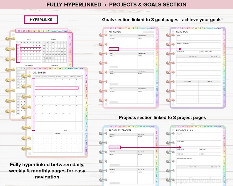 Pu&ograve; includere: Un'agenda digitale con rilegatura a spirale rosa e oro. L'agenda include pagine di calendario, sezioni di definizione degli obiettivi e pagine di pianificazione dei progetti. Il testo "FULLY HYPERLINKED" e "PROJECTS & GOALS SECTION" &egrave; visibile.