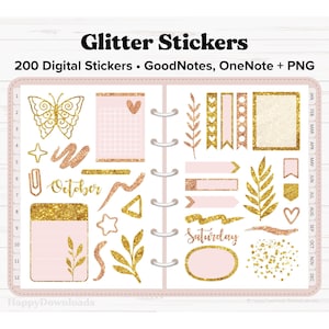 Glitter Digital Stickers, Gold Glittery Stickers, Goodnotes Stickers, OneNote Stickers, Digital Planner Stickers, Digital Journal Stickers