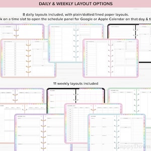 May include: Digital planner layouts with daily and weekly options. The image shows several open planner pages with different color tabs and layouts. Text at the top reads "DAILY & WEEKLY LAYOUT OPTIONS". The planner pages are designed for use with Google or Apple Calendar.