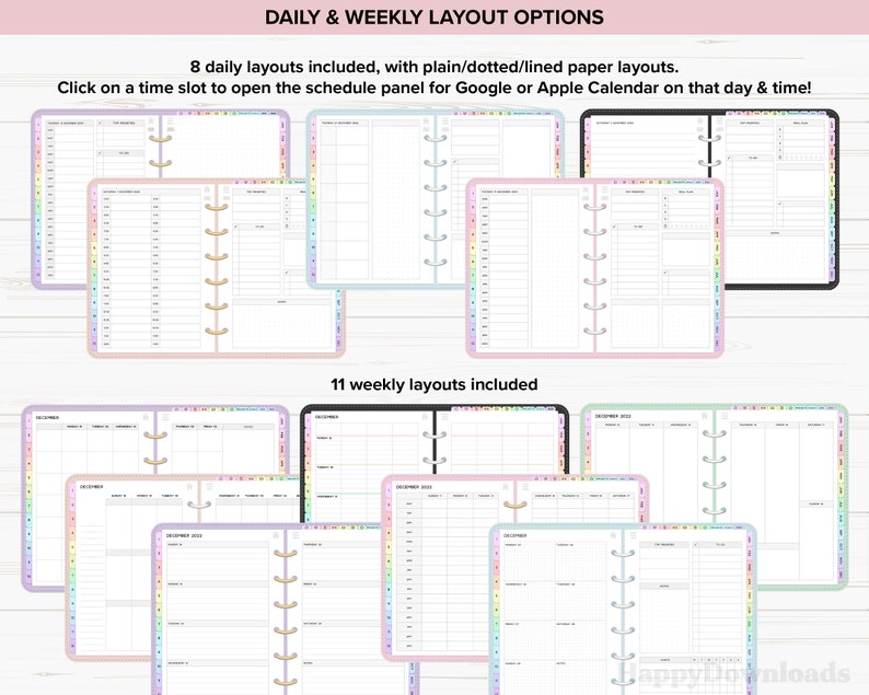 May include: Digital planner layouts with daily and weekly options. The image shows several open planner pages with different color tabs and layouts. Text at the top reads "DAILY & WEEKLY LAYOUT OPTIONS". The planner pages are designed for use with Google or Apple Calendar.
